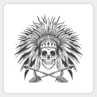 Skull in Indian War Bonnet and Arrows Tattoo Sticker